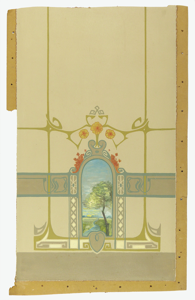 rechthoekig stuk behang op karton, met aan onderkant bloemen en groene lijnen in jugendstil motief met een boogvormige cartouche met hierin een boom aan het water