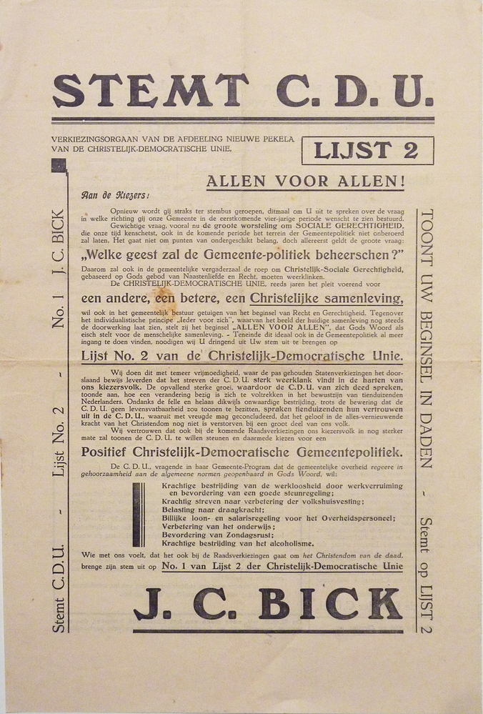 stemt C.D.U. lijst 2 nieuwe Pekela nr 1 J C Bick