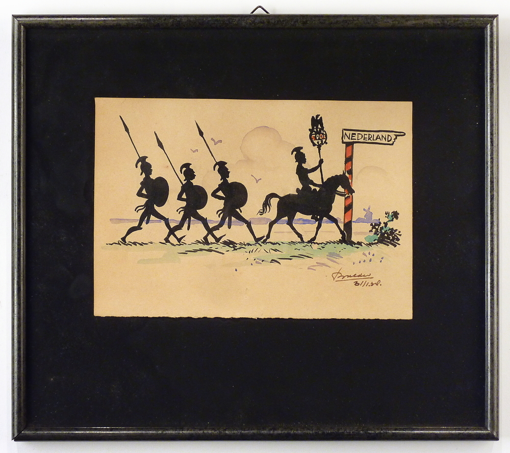 aquarel / ingekleurde pentekening romeinen trekken Nederland binnen.