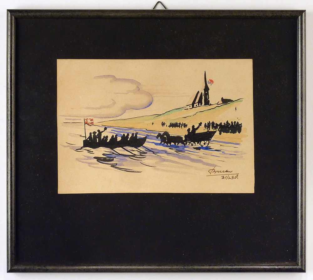 aquarel ingekleurde pentekening sloep, paard en wagen in branding met op achtergrond kerkje, . De heugelijke aankomst van zijne koninklijke hoogheid Willem den eerste , soeverein vorst der verenigde Nederlanden aan het strand van Scheveningen op den 30. November 1813