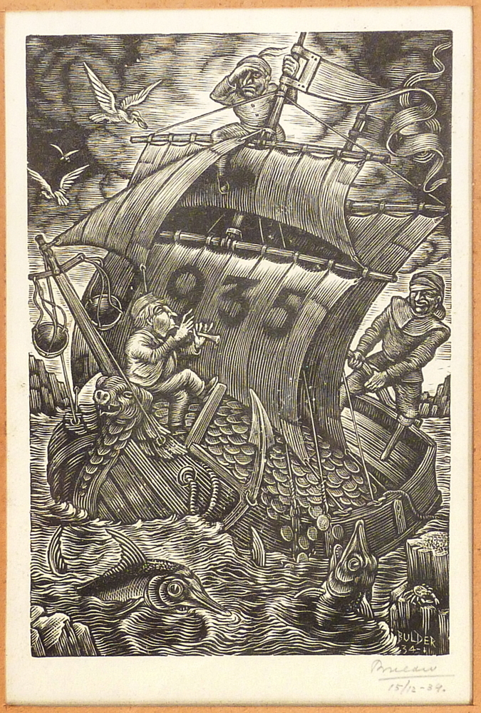 Als het schip met geld komt, houtgravure, 1934. Uit een serie van vier kaarten Voor het kind.
Deze houtgravure is net zoals velen gemaakt in opdracht. Opdrachten waren voor Bulder heel belangrijk. Ze waren een sterke aanwijzing dat zijn werk gevraagd en ook gewaardeerd werd. Hij sloofde zich uit om tegemoet te komen aan de wensen en verlangens van allerlei lieden die vaak nogal wat noten op hun zang hadden. Nico Bulder slaagde er vaak meesterlijk in tal van gegevens in dit kleine stukje miniatuurgrafiek op harmonieuze wijze te verenigen. Zo bevat deze houtgravure Chinese symboliek. Het schip heeft op de boeg een gallionsfiguur met een slangenlichaam en een varkenskop; 1935 was het Chinese jaar van het varken. En op het zeil staat 1935.
