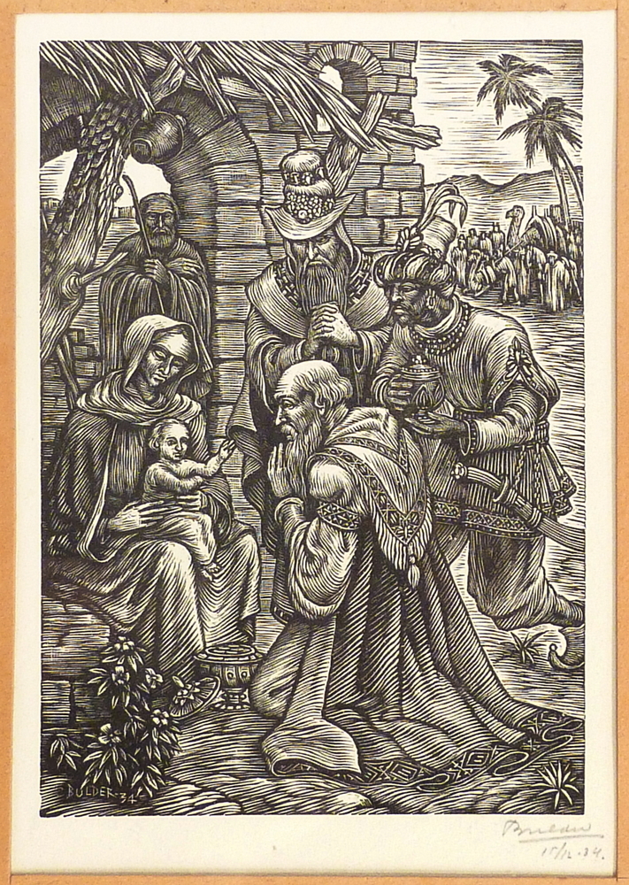 De aanbidding der drie wijzen, houtgravure, 1934. Uit een serie van vier kaarten Voor het kind.