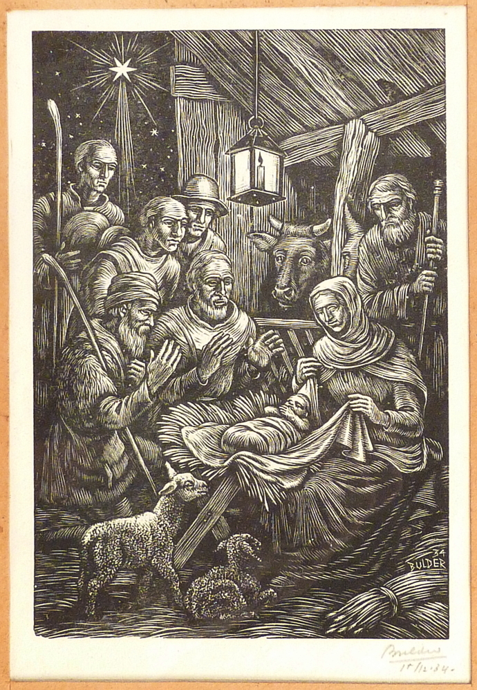 De aanbidding der herders met baby Jezus met Maria, houtgravure, 1934. Uit een serie van vier kaarten Voor het kind,