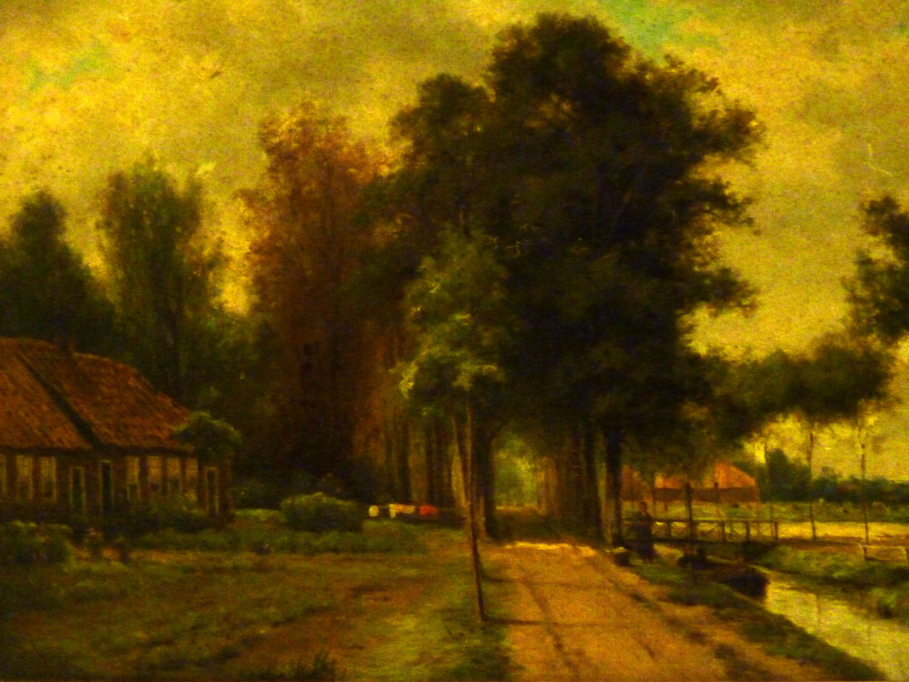 Hermannus Schierbeek
Hoogezand 1834 - 1900 Haren
Westerdiep Wildervank, 1891
Olieverf op paneel
Collectie: Veenkoloniaal Museum, Veendam

Het gezicht op het Wildervankster Westerdiep geeft duidelijk aan dat de Groninger Veenkoloniën aan het eind van de 19e eeuw een ander karakter had. De regio was veel boomrijker en de akkerbouw was nog niet dominant. Sterker nog, het merendeel van het boerenbedrijf was een gemengd bedrijf. We zien rechts zelfs een weiland waar koeien grazen, maar door de opkomst van de aardappel, die slecht tegen schaduw kan, werden vele bomen langs de wijken en kanalen gekapt. Dit veranderde het karakter van het landschap ingrijpend.

Schierbeek is een verdienstelijk amateurschilder. Hij maakt landschappen en watergezichten.
Hij was hoofdonderwijzer, onder andere in Pieterzijl. Dit werk is geschilderd op een paneel van een oude kastdeur.