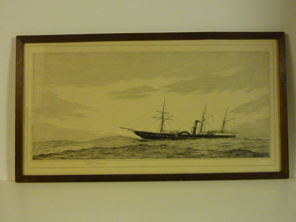 pentekening stoomschip SS Willem 1, vervaardigd door J.B.Hazewinkel, Gecopieerd  naar een vroeger schilderij van Baago , thans in museum Prins Hendrik.Origineel hangt nu , na beschadiging , in het museum Prins Hendrik.Willem 1, stoomschip , 324 lasten , 612 tonnen , gebouwd 1856. Reder : Amsterdamsche Stoomboot Mij Amsterdam.