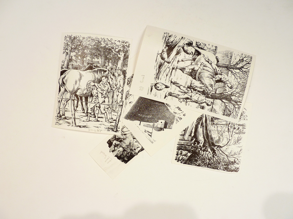 schip - zeemeeuw /  boom boven water / kind aan tak in water / man vrouw en kind op schoot / paard en martkt / jongen op paard