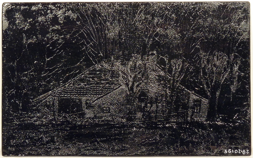 etsplaat in schellak boemen boerderij en dorpsgezicht