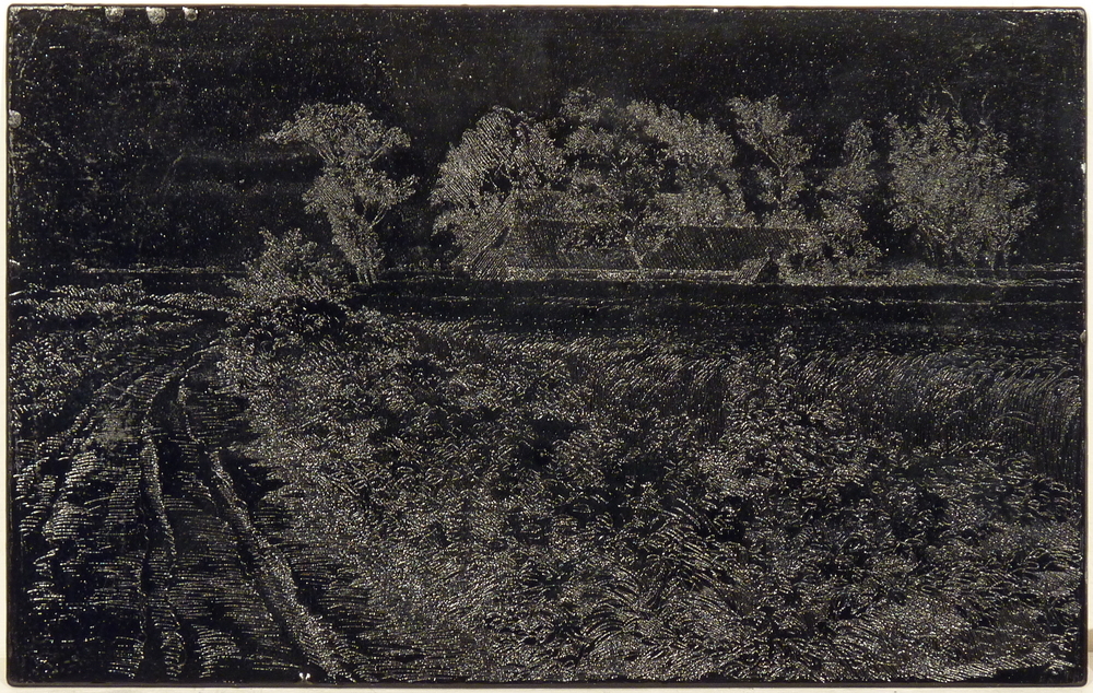 etsplaat in schellak boerderij met bomen