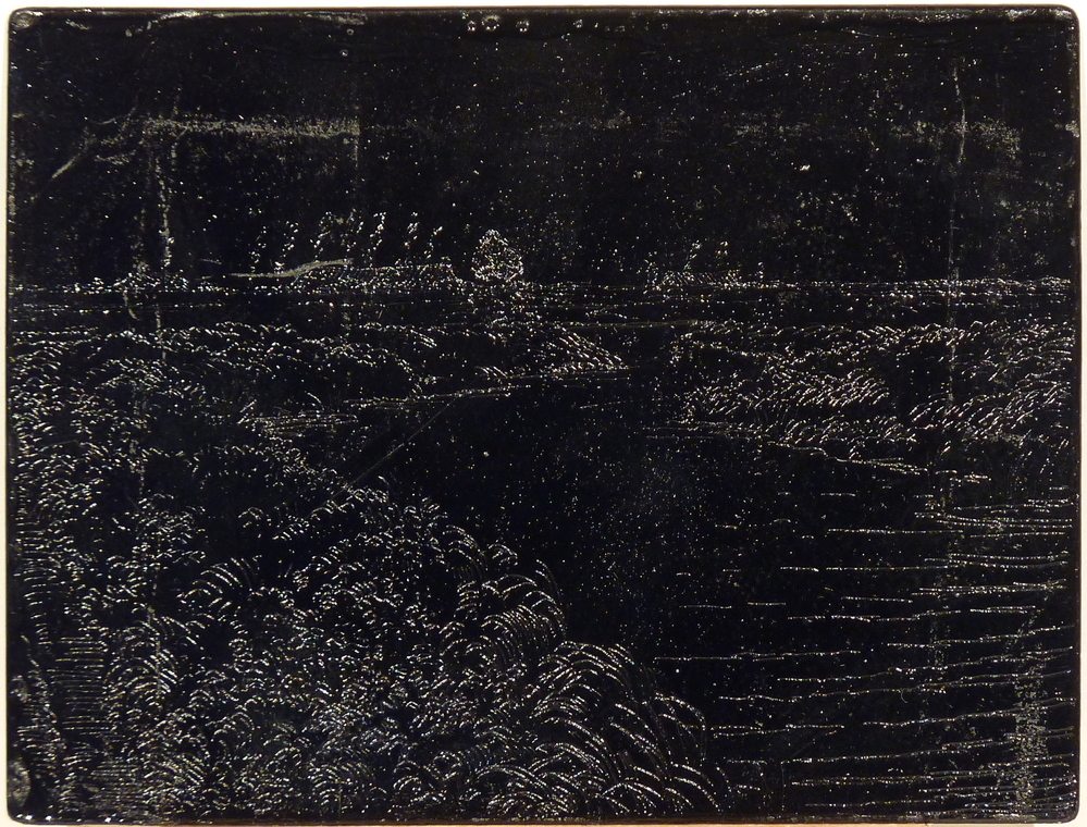 etsplaat in schellak landschap met stroompje / kanaal