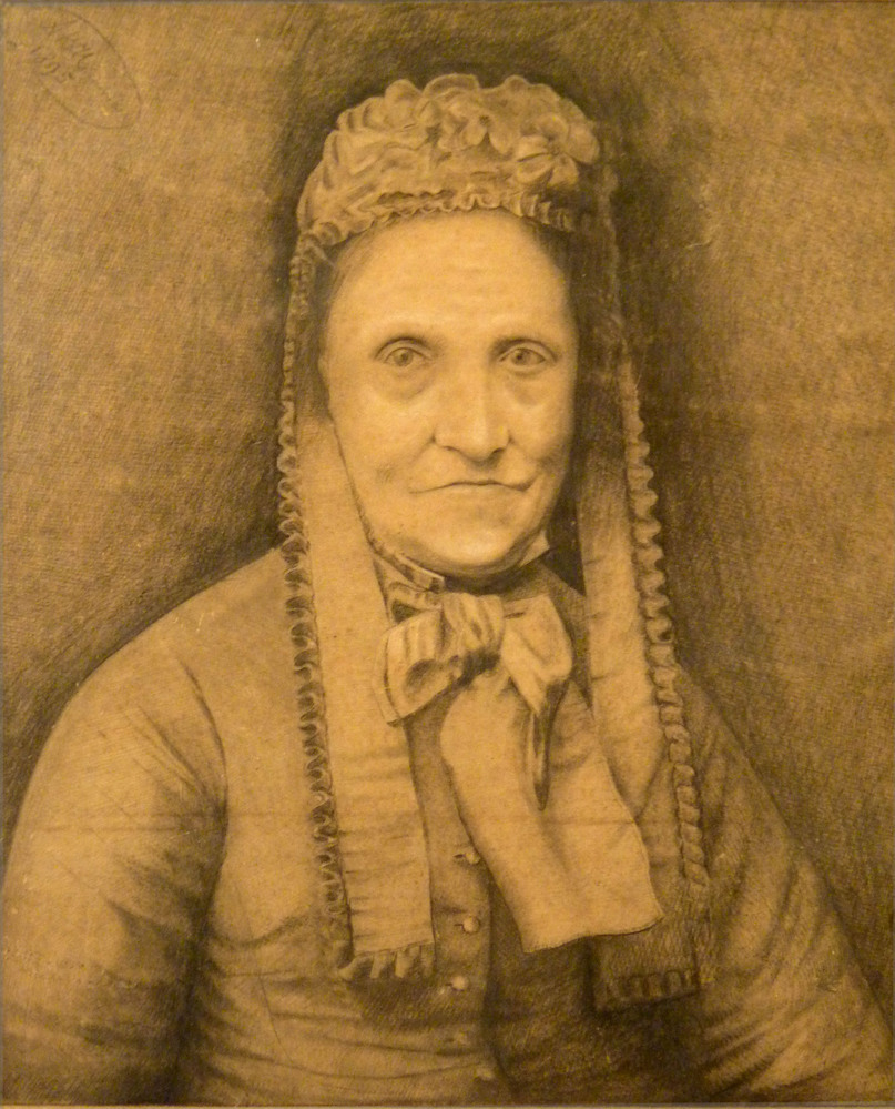 Niet ingelijst portret van Meika Sikkens , echtgenote van Sjoerd Hazewinkel (1820-1907) gezagvoerder op het kofschip " Meika "'77 volgens de stamboomopgave gestrand in 1863.Meika Sikkens woonde recht tegenover het postkantoor in Veendam.