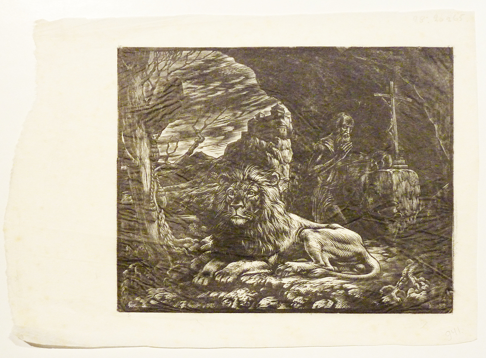 liggende leeuw en biddende apostel, St. Hieronymus en de leeuw