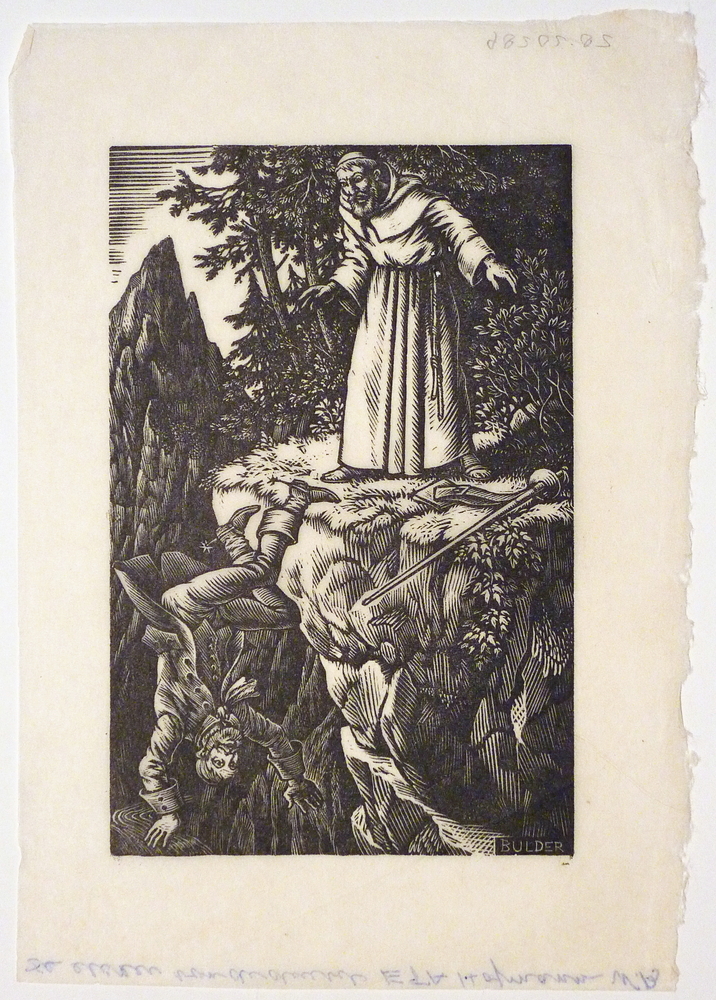 boekillustratie broeder medardus ziet de graaf in de afgrond storten