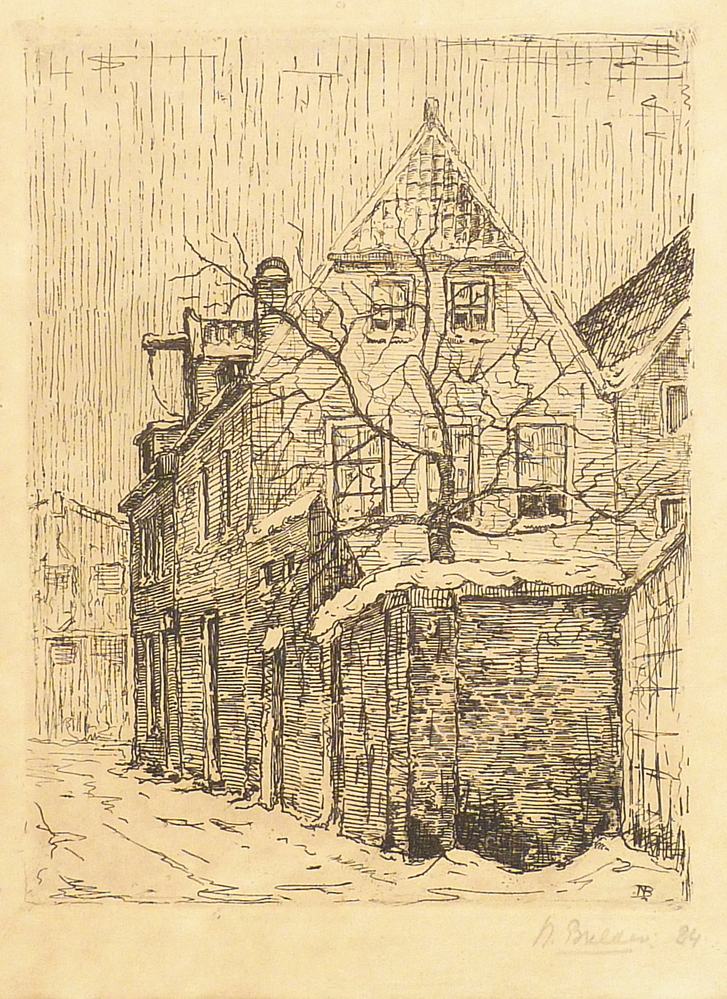 huisje in de sneeuw met kale boom