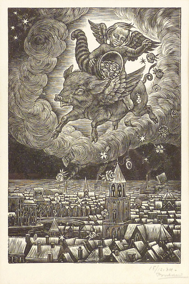 engel op varken op een wolk strooit rozen rond een dorp