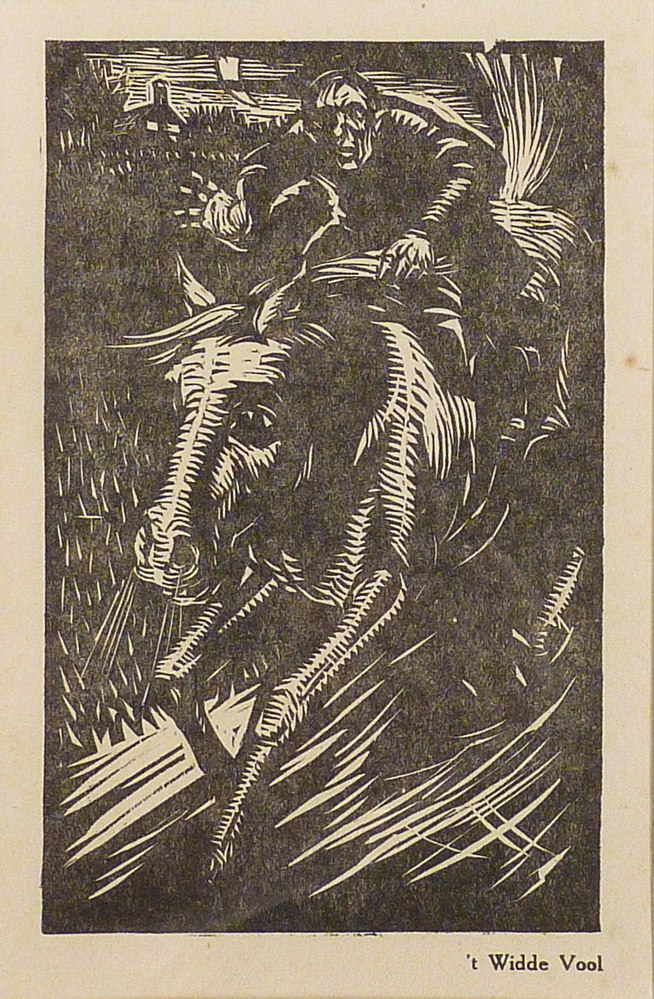 ’t Witte veul, houtgravure, boekillustratie frontispice voor het boek Groninger Overleveringen van K. ter Laan, 1928.