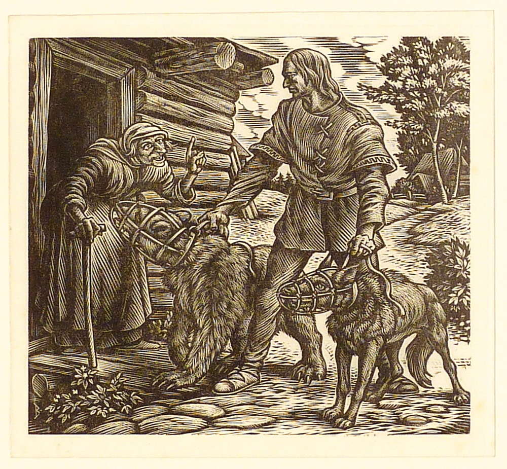 man en vrouw met 2 gemuilkorfde dieren te Kalevala