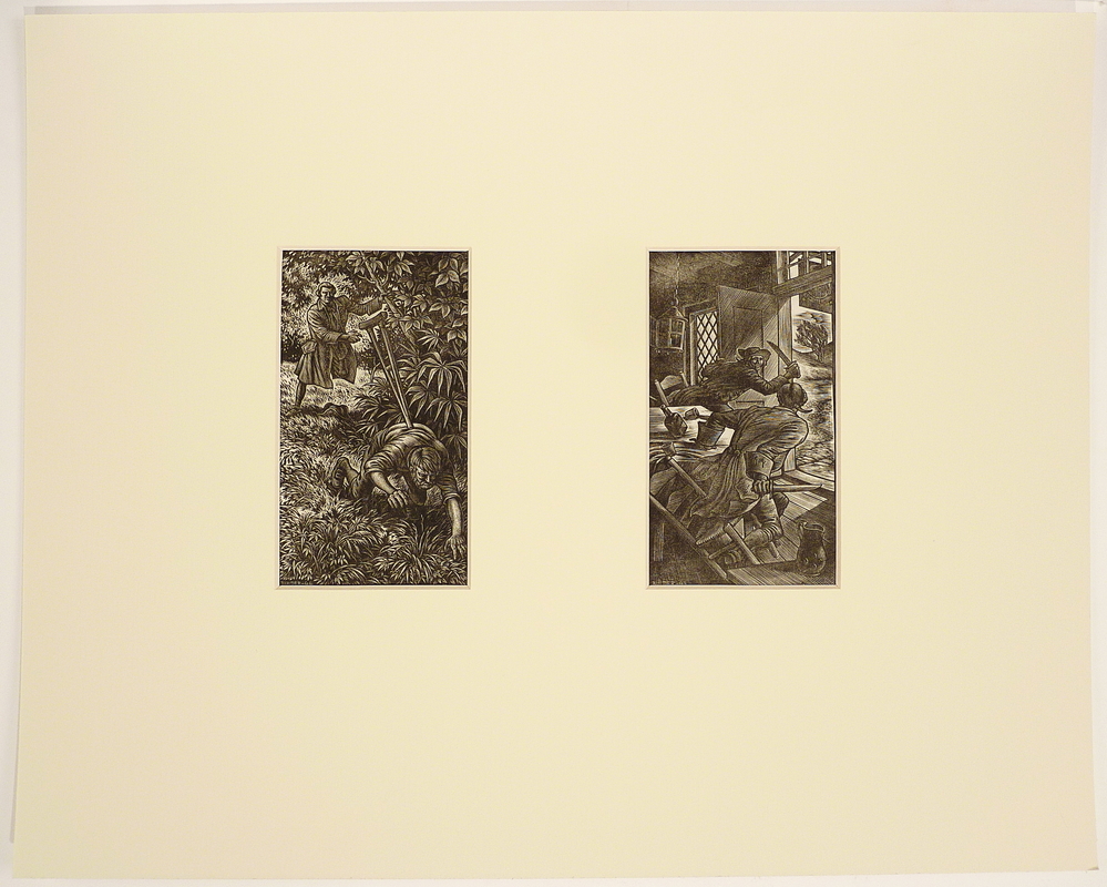 1 man met een been en kruik en vallende man en 2 keer mannen met mes uit schateiland