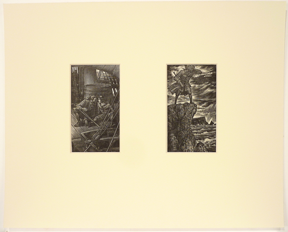 2 mannen op schip en uitkijkende man op rots in zee en 2x boekillustratie schateiland