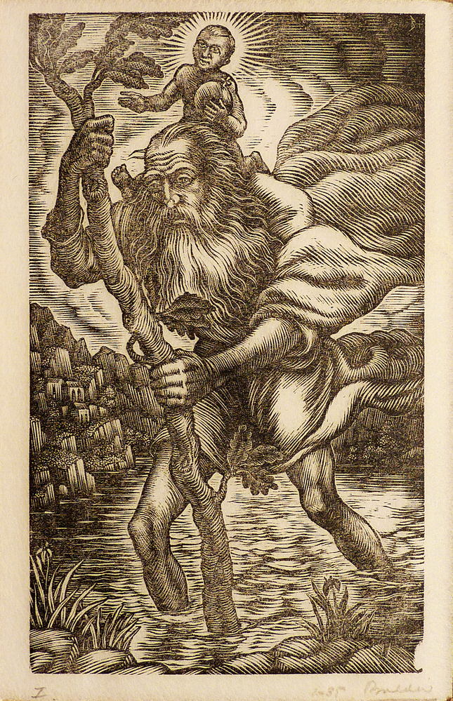 St. Christophorus met grote boomtak in de handen torst het Christuskind met wereldbol terwijl hij een rivier doorwaadt / St Christophorus draagt het kindje Jezus de rivier over, gemaakt voor de VAEVO.