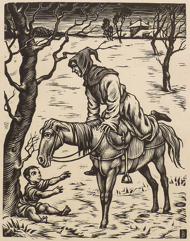 man op paard en kind tegen boom