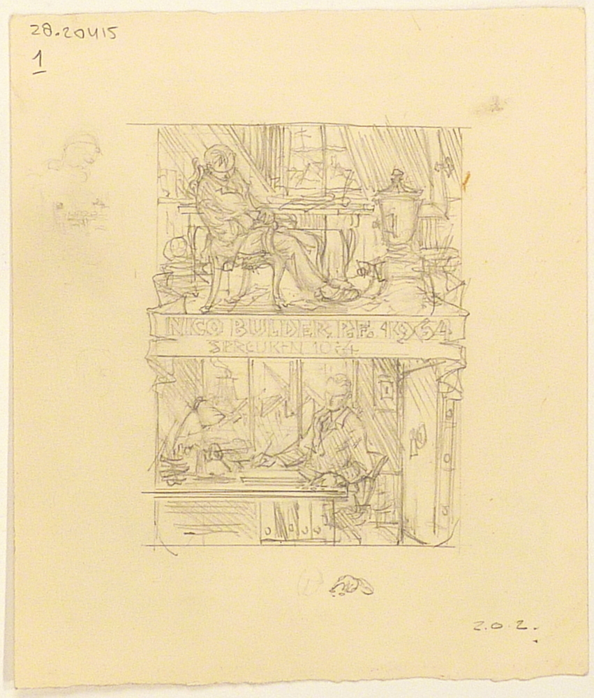 slapende man / man achter bureau / spreuken en schetsen op land