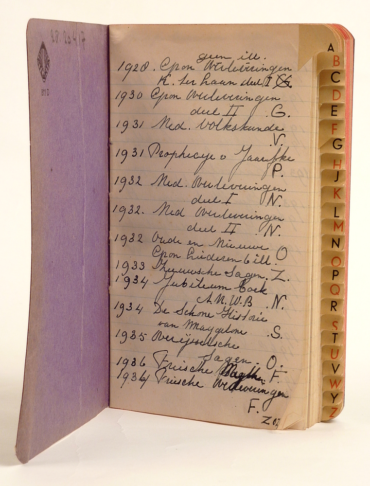 notitieboekje met alfabetische aantekeningen van boekillustraties met inkt geschreven