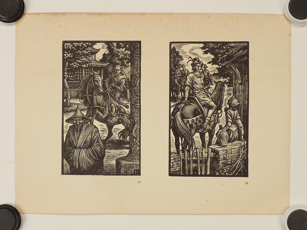 man op paard bij pagode en chinees / mannen op paard bij meisje met kruik