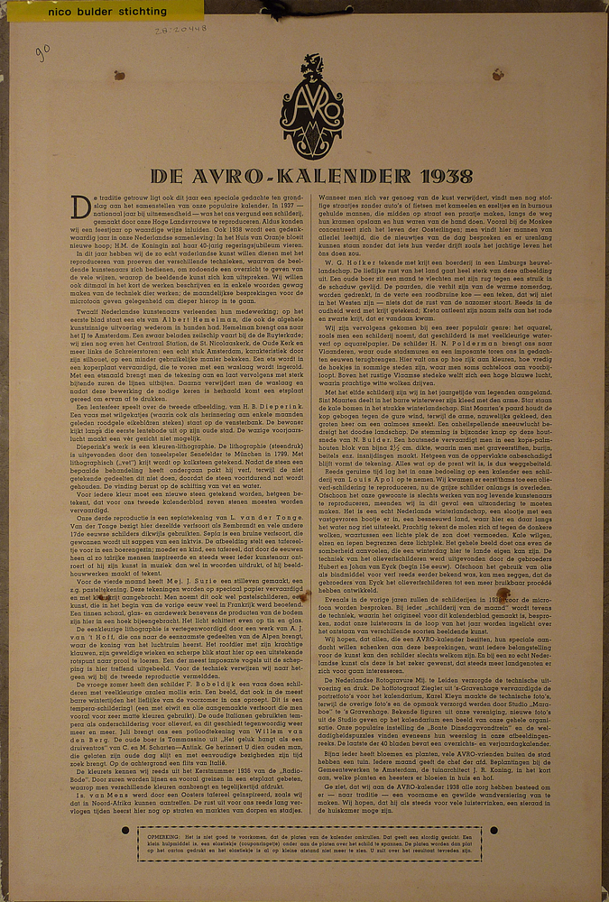 Kunstkalender uitgegeven door de Avro voor het jaar 1938, gedrukt door de Nederlandse Autogravure Maatschappij te Leiden. De kalenderbladen zijn versierd met diverse grafiek, o.a. die van Nico Bulder