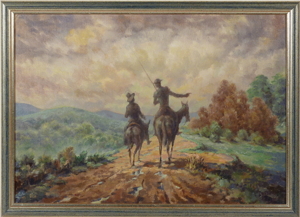 Don Quichotte en Sancho Panza op weg, olieverfschilderij, linnen op board geplakt, z.j.
Don Quichot is de hoofdpersoon in de door Cervantes geschreven roman De vernuftige edelman Don Quichot van La Mancha. Het vertelt de komische reisavonturen van een oude edelman die denkt dat hij een dolende ridder is. Deze hoofdpersoon, Don Quichot, is het stereotype van de idealist, een dwaze held die zich met zijn goede bedoelingen maar onpraktische daden min of meer belachelijk maakt.