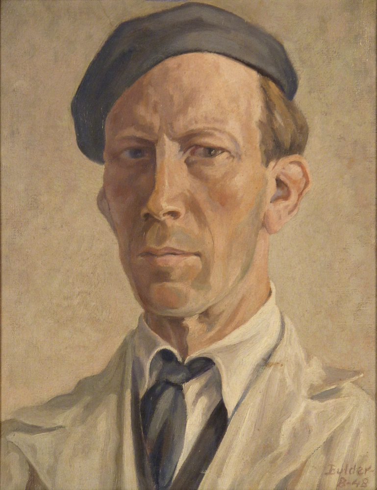 olieverfschilderij op doek, zelfportret Nico Bulder met albinopet, 1948.
Nico Bulder ten voeten uit, zoals vele studenten van Academie Minerva hem beschrijven en hebben leren kennen als hun tekenleraar, met stropdas voor, alpinopet op en een stofjas aan.