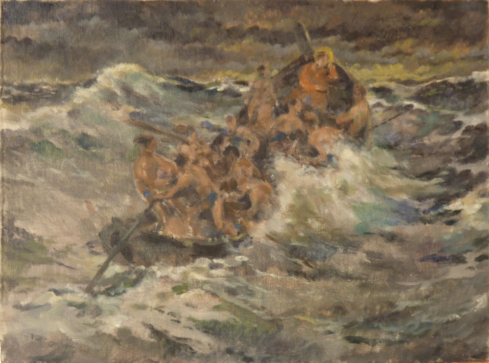 voorstudie mannen in boot op woeste zee