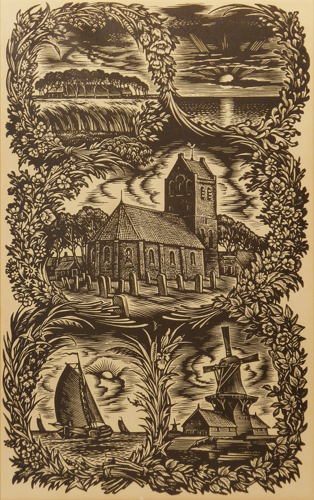Boerderij met bomen, meer, kerk, boot en molen, gelegenheidsgrafiek, illustratie bij Jan Boer’s gedicht: Zun, wiend en wolken, 1959.