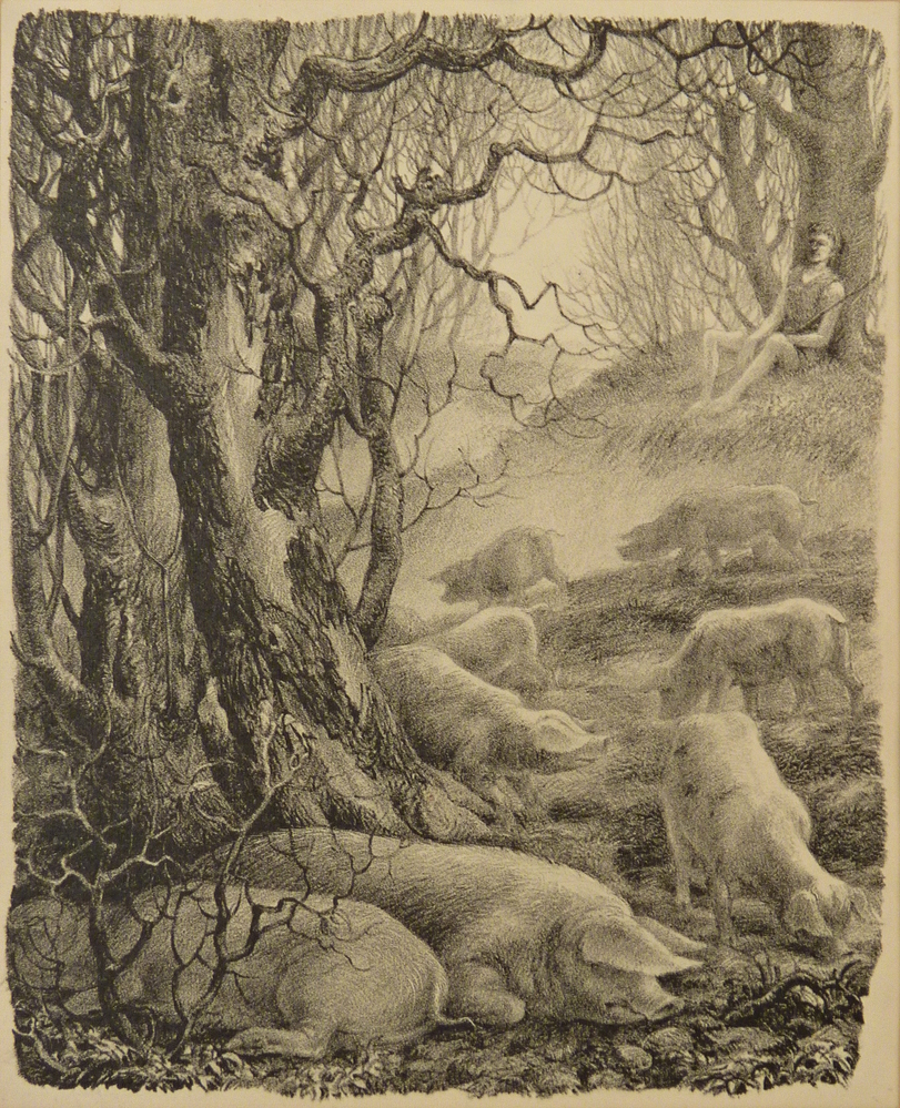 litho slapende en ronddolende varkens met op achtergrond slapende varkenshoeder