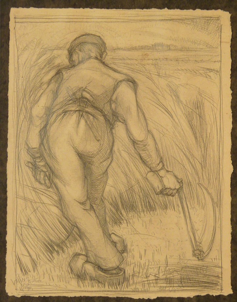 potloodtekening man met handsikkel aan het maaien