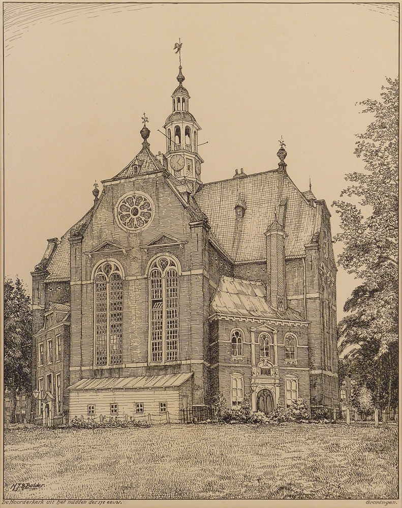 pentekening Noorderkerk te Groningen, vervaardigd in opdracht van het Nieuwsblad van het Noorden, hoort bij een serie van 12, toen de Gemeente groningen haar 100.000 inwoner ontving in 1927