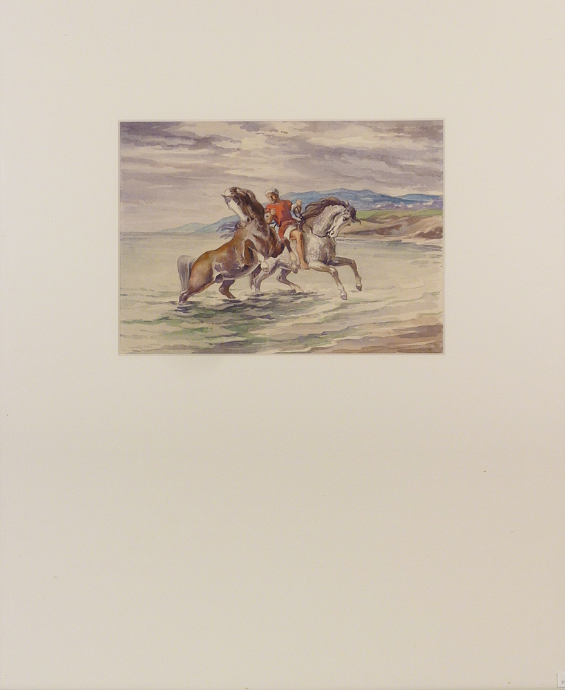 paarden aan het strand ,  man met 2 paarden in zee aan strand