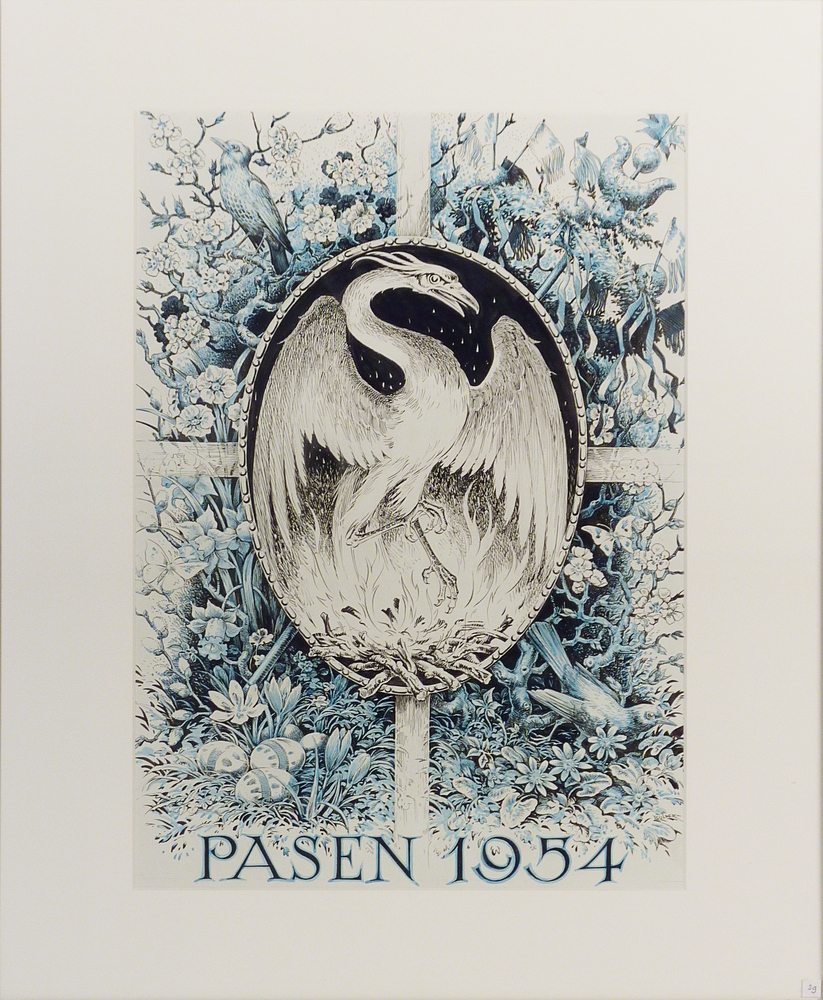 pentekening in kleur Pasen 1954 met afbeelding Phoenix in ovaal