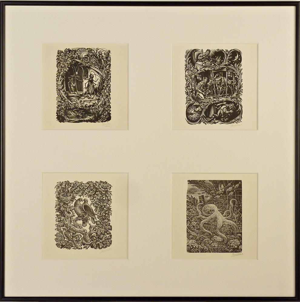 4 boekillustraties in 1 lijst: de krekel en de mier / tafeltje dekje / 2 duiven tussen takken / octopus