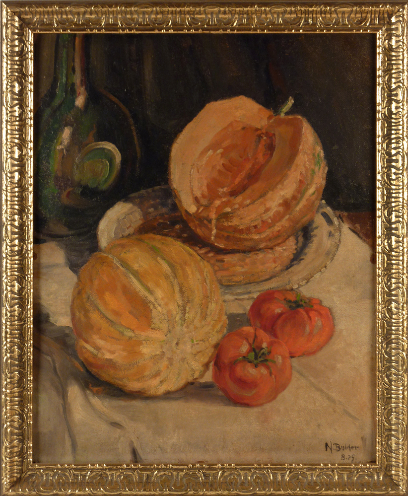 meloenen / tomaten op schaal met fles op achtergond