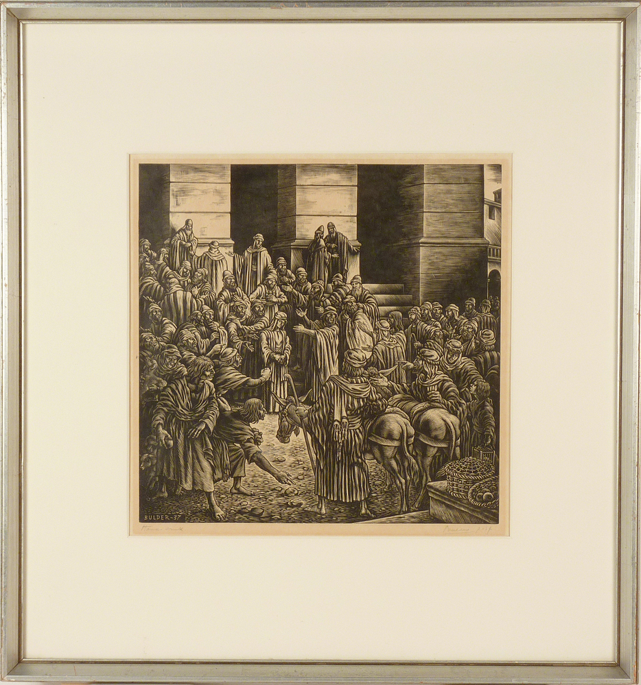 Jezus en de overspelige vrouw, houtgravure, 1937.
Bulder graveerde rondom de twee centrale figuren enkele tientallen, deels woedende mannen met zeer expressieve koppen. Hij zond zijn werkstuk naar de AVRO en wachtte in spanning op reactie. Hoe teleurgesteld was hij, toen hem werd gezegd dat zijn, overigens prachtige, gravure niet kon worden geaccepteerd omdat er te veel figuren met typisch joodse trekken op waren afgebeeld. Men was bang van antisemitisme te worden beticht en dat wilde men voorkomen, juist vanwege de pestilente hetze tegen de joden in nazi-Duitsland. Daarna besloot Bulder de gravure in te zenden voor de ‘The Sixth International Exhibition of Lithography and Wood-Engraving’ die begin november 1937 in Chicago werd geopend. Daar werd ze wel aanvaard en bovendien met een eervolle vermelding onderscheiden