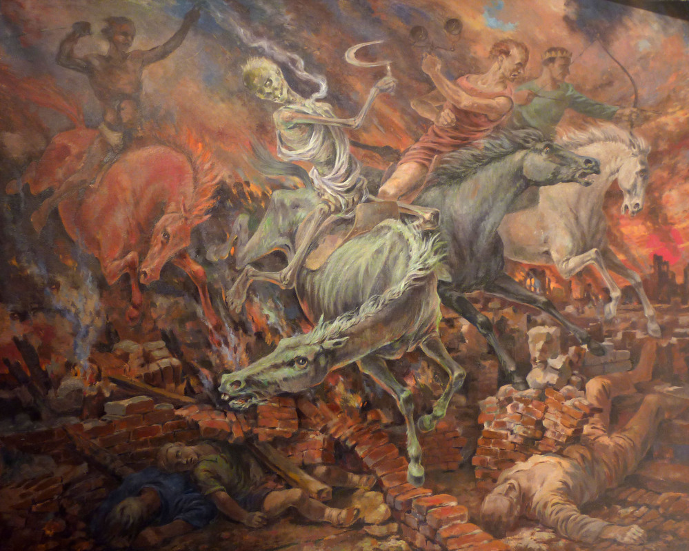 De vier ruiters van de Apocalyps, olieverfschilderij, 1955.
Opvallend is hoe dicht Bulder bij het Heilige Schrift is gebleven en hoe goed hij het machtig visioen in beeld heeft gebracht. Een van de twee Apocalyps-schilderijen hing jaren boven de schoorsteen in zijn werkkamer en veel bezoekers raakten onder de indruk van dit onheilspellende, dreigende schilderij.
Met huiveringwekkend geweld komen de paarden aanstormen in al hun grootsheid, de halzen gerekt en met donder bekleed, de lippen angstwekkend opgetrokken, de hoeven klauwend door het luchtruim, met een kracht en een geweld dat de bergen ervan moeten sidderen. Hoe kon Bulder dit zo uitbeelden? Bulder vertelde ooit dat als hij een aanstormend paard wilde uitbeelden, hij naar het weiland achter zijn huis ging en een paard door het weiland joeg. Thuis legde hij dit beeld dan vast, in het hout met zijn burijn of met zijn penseel op het canvas.