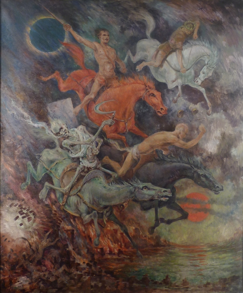 De vier ruiters van de Apocalyps, olieverfschilderij, 1955.
De Apocalyps wordt beschreven in de Bijbelpassages Openbaringen 6: 1-18. In de Bijbel komen de ruiters één voor één ten tonele. Dit loopt parallel aan de eerste vier zegels. De paarden hebben een symbolische kleur die bij de ruiter hoort. 
Het witte paard komt met de overwinnaar op zijn rug. Hij draagt een kroon en houdt een boog vast. Bijna negentien eeuwen lang wordt deze ruiter gezien als Christus, maar vanaf 1866 publiceert C.F. Wimpel de hypothese dat deze ruiter de antichrist was. Veel geloofsgemeenschappen hebben deze laatste hypothese overgenomen. 
Als tweede komt het rode paard met op zijn rug de Oorlog. Rood is de kleur van het bloed en vuur, symbolen van de oorlog. Hij draagt een zwaard. 
Als derde komt het zwarte paard tevoorschijn, bereden door de Honger. Zwart als kleur van het verderf dat door honger wordt aangericht. Hij heeft een weegschaal vast. Als laatste komt het vale paard met op zijn rug de Dood. De vale of grijze kleur staat symbool voor het verdwijnen in de dood, het uitwissen van het levende. Hij houdt een sikkel vast.
Op het schilderij bovenin de zon, zo zwart als een haren zak, rechts vlak boven het water de maan, die zo rood als bloed is geworden. Tussen de Antichrist en de Dood is een mat vlak zichtbaar. Een venster. Bulder laat hier zijn venster op de wereld zien.