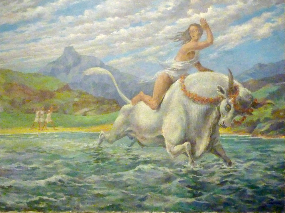 De ontvoering van Europa door Zeus, olieverfschilderij, z.j.
Europa en de stier is een verhaal uit het mythologisch epos De Metamorphosen van de Romeinse schrijver en dichter Ovidius (43 v. Chr. – 17 n. Chr.). Het is een geliefd thema in de beeldende kunst. In dit verhaal vermomt oppergod Zeus zich als stier en schaakt zo zijn liefde, de koningsdochter Europa.
Ter ere van Nico Bulder’s zestigste verjaardag wordt er een tentoonstelling georganiseerd in zijn geboorteplaats Hoogezand. Het unieke aan deze tentoonstelling is dat Bulder ermee instemde om enkele van zijn olieverfschilderijen te exposeren. Zijn schilderijen zijn namelijk nooit gemaakt met de intentie om deze aan publiek te tonen.
Na zijn dood werd in 1972 weer een dergelijke tentoonstelling met gemêleerd oeuvre georganiseerd. Ook dit werk was daar te zien. In het Nieuwsblad van het Noorden uit 1972 wordt dit werk als volgt beschreven: ‘Doar is n groot douk, doar Zeus op staait ien de gedoante van n grieze bol, dij de Maagd Europa rooft en dij mit heur op de vlucht gaait, n schouwspul doar ie stil van worden.’
Bulder’s schilderijen tonen duidelijk eenzelfde dramatische kracht als Bulder’s gravures. Deze dramatiek en expressiviteit vormen dan ook de rode draad door zijn bijzonder gevarieerde nalatenschap, want ondanks dat Bulder zo divers is, is er steeds een duidelijke Bulder-hand te herkennen.