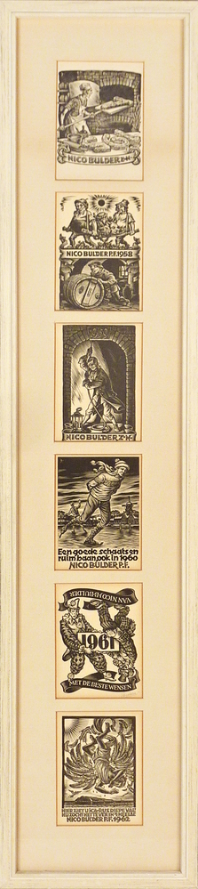 Zes nieuwjaarswensen van Nico Bulder in witte houten lijst, respectievelijk de jaren 1957, 1958, 1959, 1960, 1961, 1962. 
Nico Bulder stuurde zijn (oud-)leerlingen elk jaar een zelfgemaakte nieuwjaarskaart.