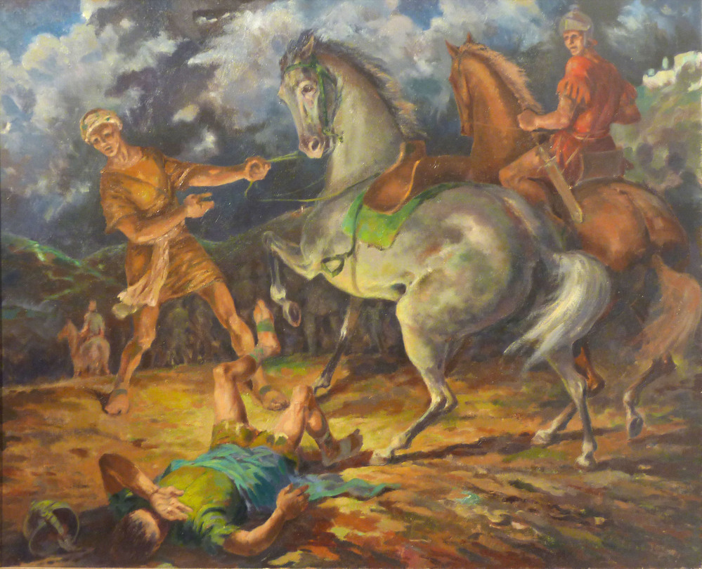 De bekering van Paulus op weg naar Damascus, olieverfschilderij, z.j.
Saulus was een jood die christenen vervolgde. Op een dag reisde hij van Jeruzalem naar Damascus om naar daar gevluchte christenen te vangen. Onderweg had hij een ontmoeting met God, hij werd omstraald door een licht uit de hemel en God sprak met hem. Hij viel op de grond, overweldigd door dit voorval en kon een aantal dagen niets zien. Zijn metgezellen merkten hier niets van, de verbazing is dan ook van hun gezichten af te lezen. Daarna bekeerde hij zich en noemde zich Paulus.