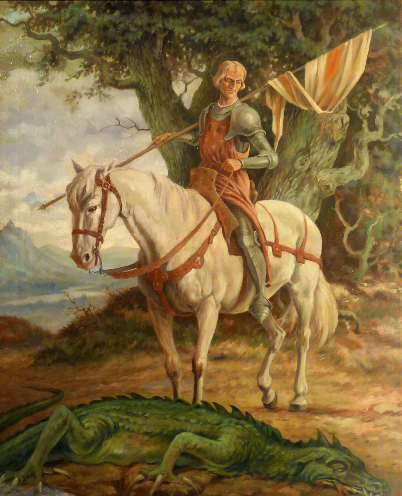 Sint Joris en de draak, olieverfschilderij, z.j.
Een niet nader genoemde stad werd door een draak getiranniseerd. Dagelijks verslond hij twee schapen, die hem geofferd werden zodat hij zich rustig zou houden. Toen de laatste schapen op deze manier verdwenen waren, eiste de draak mensenoffers. Hierbij viel het lot ook op de dochter van de koning. In bruidskleren trad zij haar dood tegemoet. Maar Joris viel de draak met een lans aan en verwondde het gedrocht. Hij beloofde de koning en het volk dat hij het ondier zou doden als iedereen zich door hem zou laten dopen. Toen koning en volk akkoord gingen, doodde hij de draak en op die dag lieten 15.000 mensen zich dopen. Sint Joris wordt daarom traditioneel afgebeeld met een draak. De draak staat hierbij symbool voor het heidendom. Het verslaan van de draak symboliseert de bekering van een heidens land of stad tot het christendom