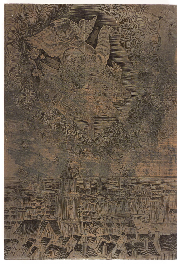 twee houtblokken, engel op varken boven een stad Bulder 34 en schip = nieuwjaarswens 1935 Bulder 34.