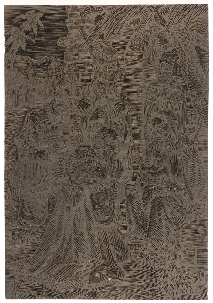 twee houtblokken, aanbidding der herders en aanbieding der wijzen