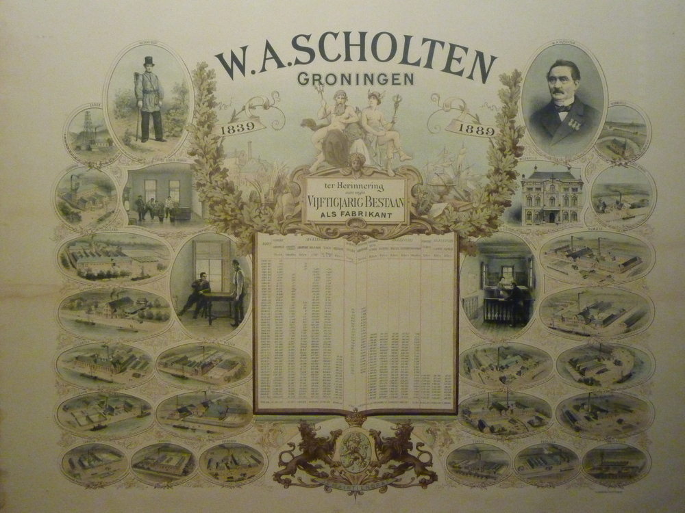 prent ter herinnering aan het 50 jarig bestaan van W.A. Scholten als fabrikant, gedrukt door drukkerij S. Lankhout & Co te Den Haag in 1889, met daarop 22 fabrieken in zowel binnen als buitenland van W.A. Scholten