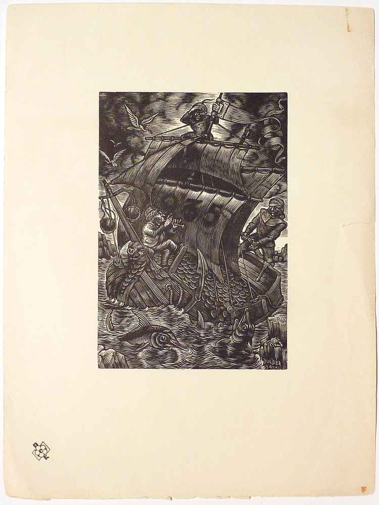 nieuwjaarskaart 1935 schip met 3 mannen